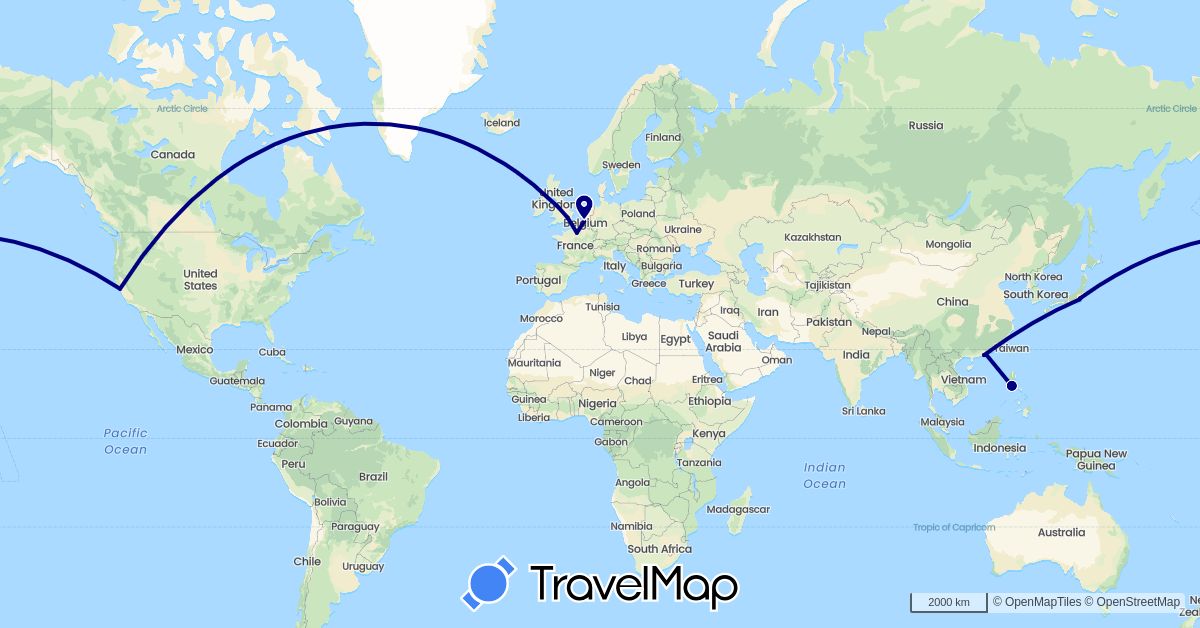 TravelMap itinerary: driving in Belgium, China, France, United Kingdom, Japan, Philippines, United States (Asia, Europe, North America)